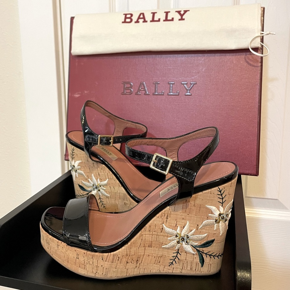 Bally Switzerland Caelie Black Lamb Patent Embroidered Wedges